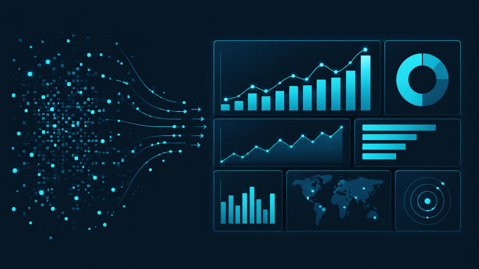 Scattered data points assembling into a clean dashboard of charts and graphs