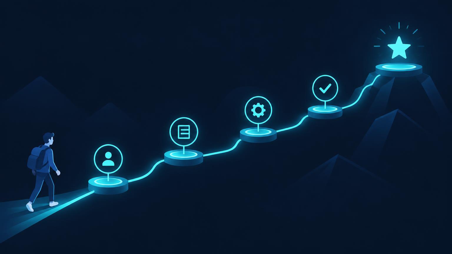 A glowing pathway of milestones guiding a new customer from signup to success